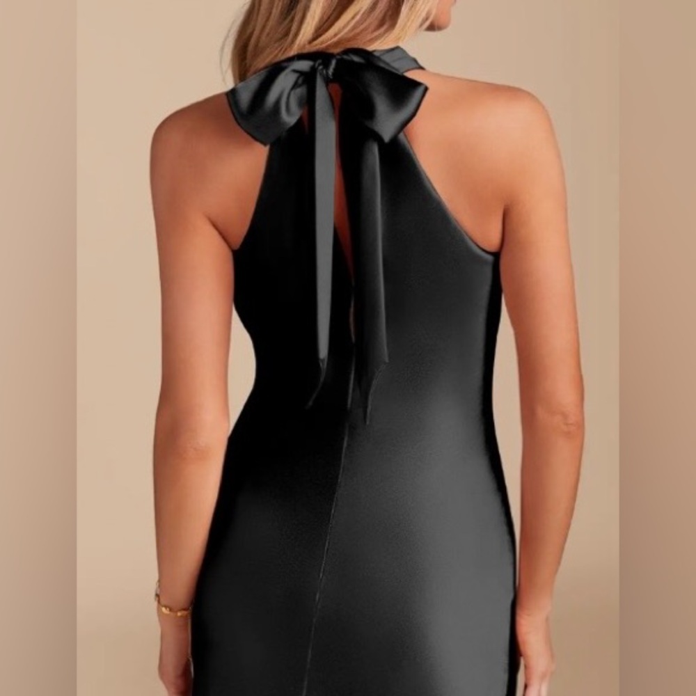 Azazie Doretta Black Mermaid Bow Metallic Satin Dress - Picture 2 of 3